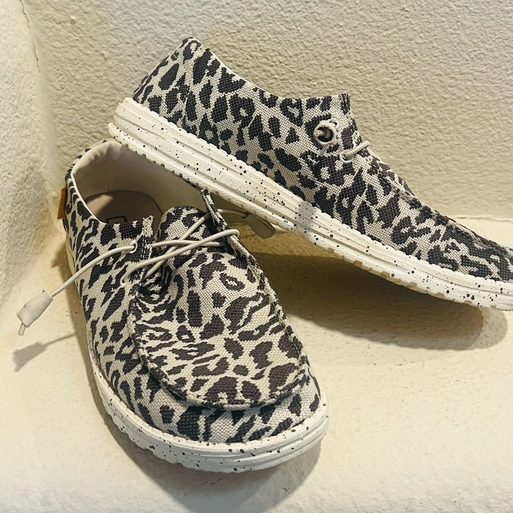 Hey Dude Women's Black and White Leopard Print Wally Shoes